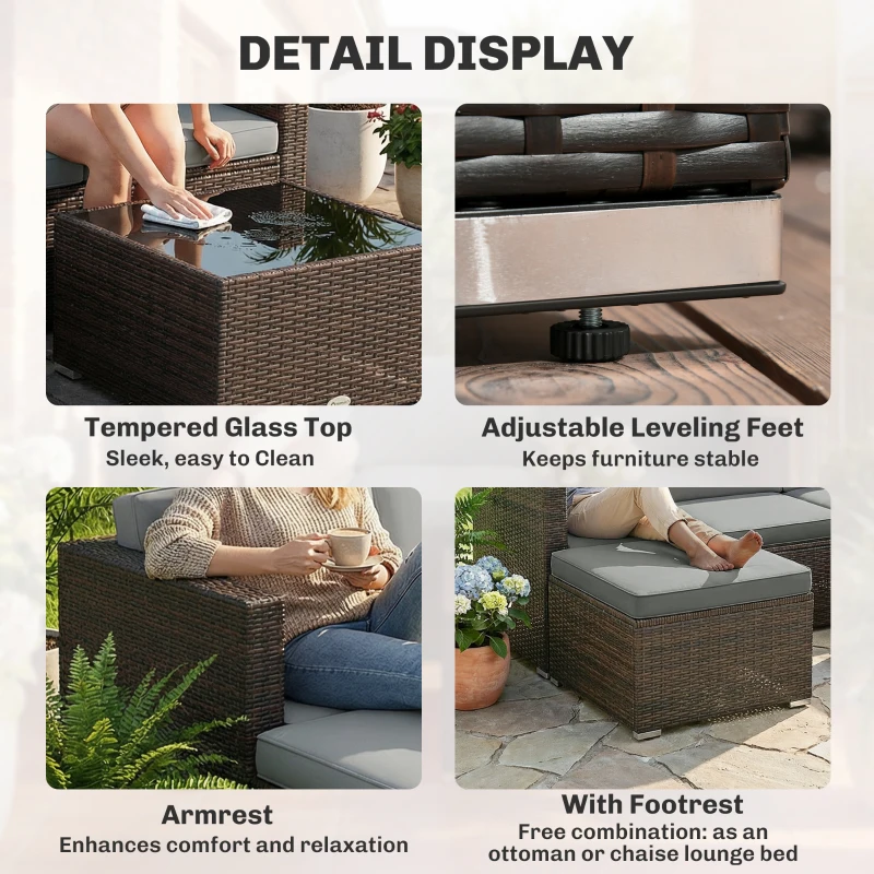 Outsunny 3 Pieces Patio Furniture Set with Cushions, Outdoor PE Rattan Wicker Conversation Corner Sofa Set with Glass Top Table