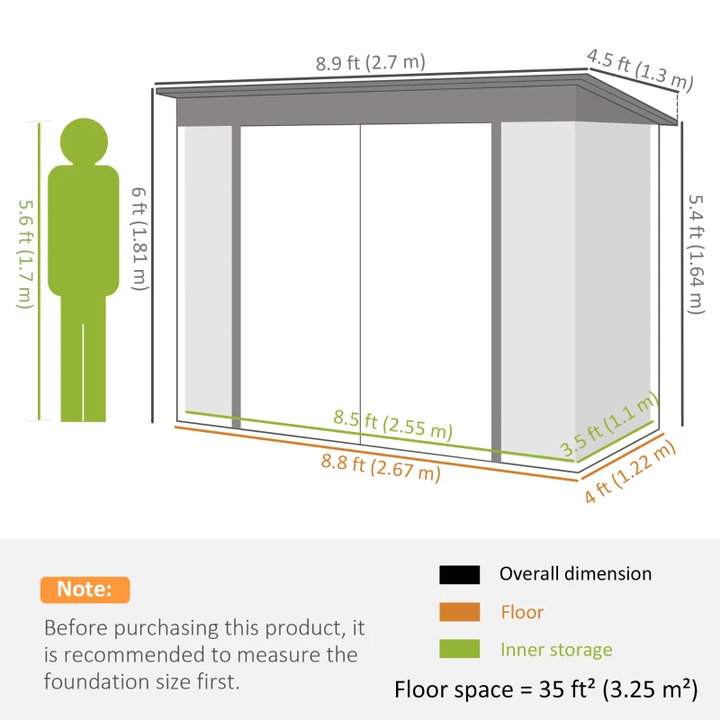 Outsunny 9' x 4' Galvanized Steel Garden Storage Shed with Lockable Doors, Gloves and 2 Air Vents for Backyard, Patio, Lawn