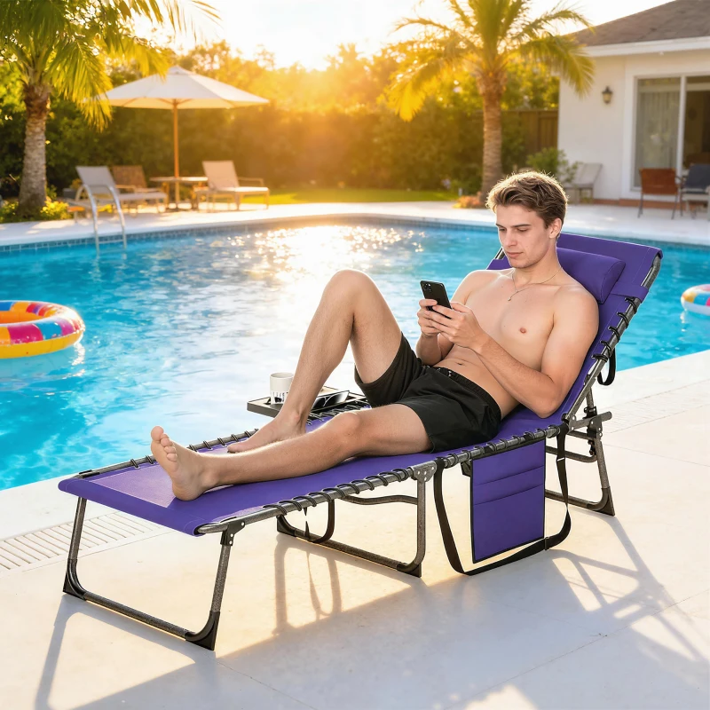 Outsunny Folding Outdoor Chaise Lounge Chair Tanning Chair with 5-Level Adjustable Back, Side Table, Pillow, Pocket, Purple