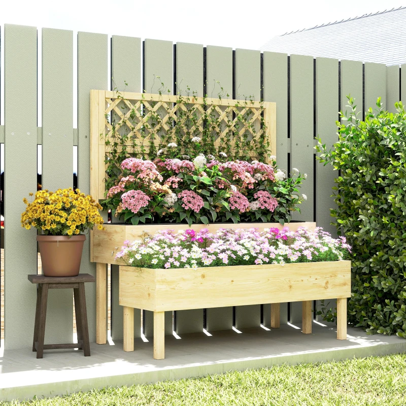 Outsunny 2-Tier Raised Garden Bed with Trellis, Elevated Planter Box for Climbing Plants, Natural