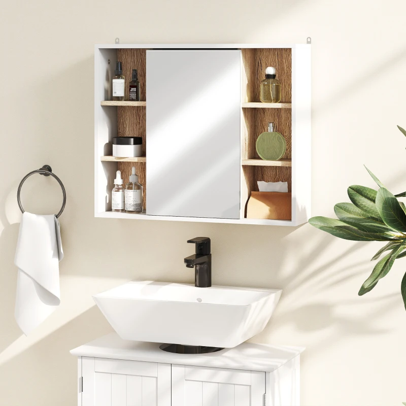 HOMCOM Wall-Mounted Bathroom Medicine Cabinet with Mirror, Over Toilet Bathroom Vanity Cabinet White & Oak
