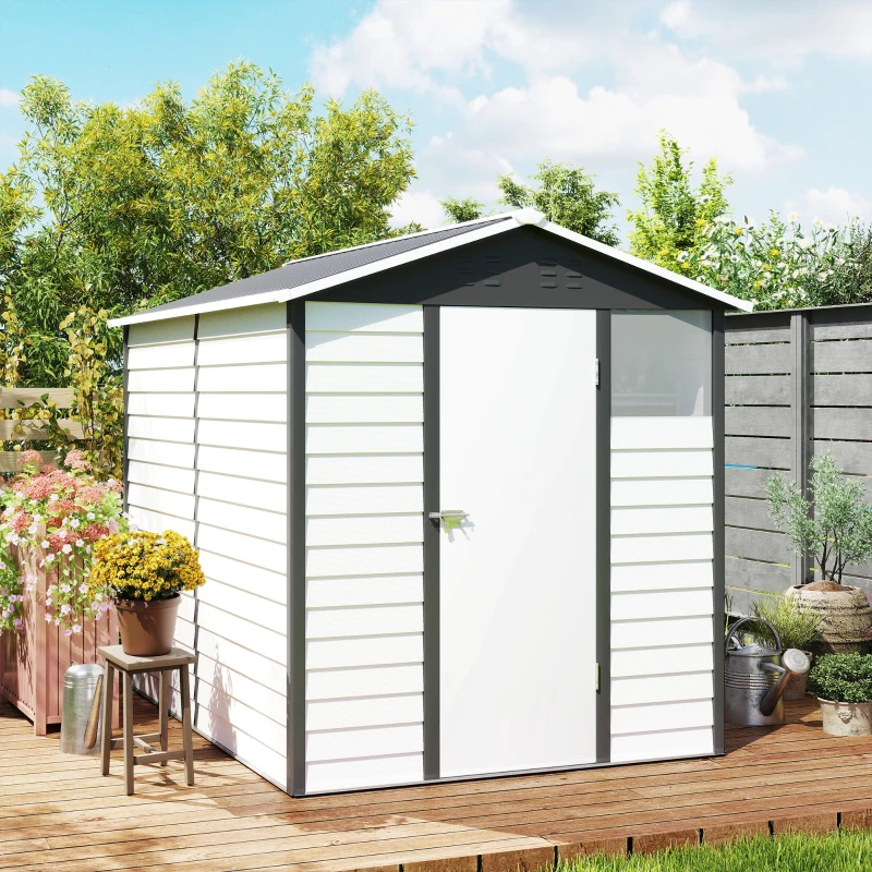 Outsunny 9' x 6' Garden Shed, Outdoor Storage Patio Shed w/ Sloped Roof, Lockable Door for Patio Lawn, Dark Grey