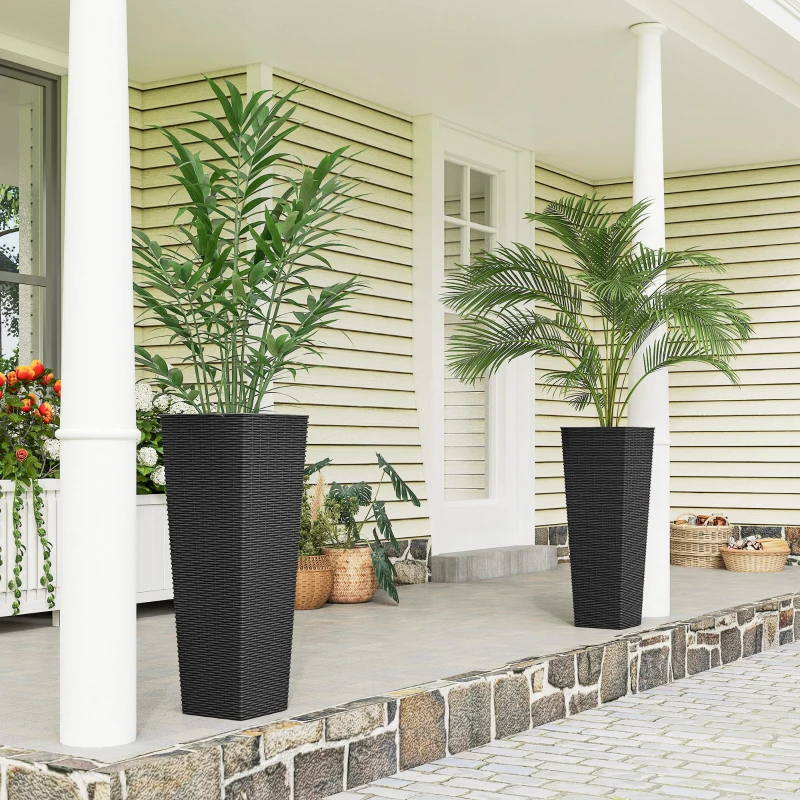 Outsunny 32 Inch Tall Planters for Outdoor Plants, Set of 2 Plastic Flower Pots with Drainage Holes, Black