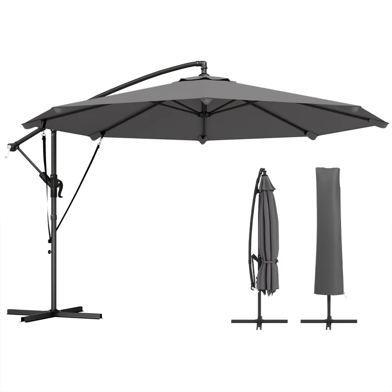 Outsunny 10FT Cantilever Patio Umbrella with 8 Ribs, Offset Patio Umbrella with Cover and Wind Ropes for Garden, Yard, Dark Grey