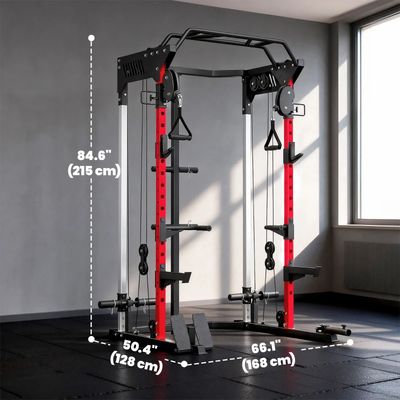 Soozier Power Cage Smith Machine, Power Rack with Adjustable Cable Pulley System, Pull-Up Bar, Dip Station, Landmine
