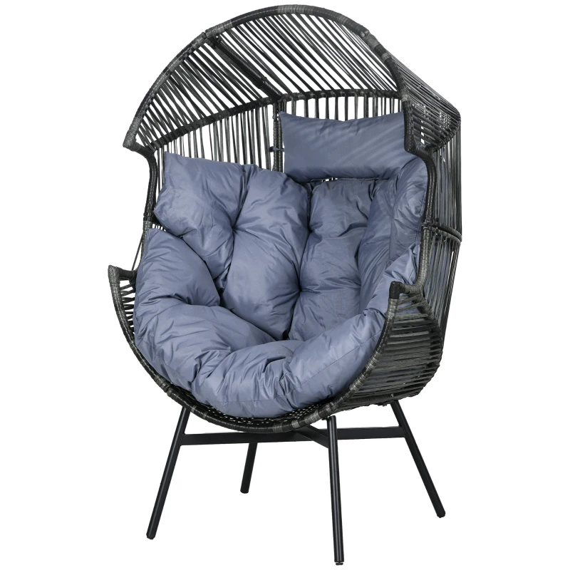 Outsunny Wicker Egg Chair Outdoor Indoor Rattan Oversized Patio Lounge Chair with 5.5" Cushions and Headrest, Grey