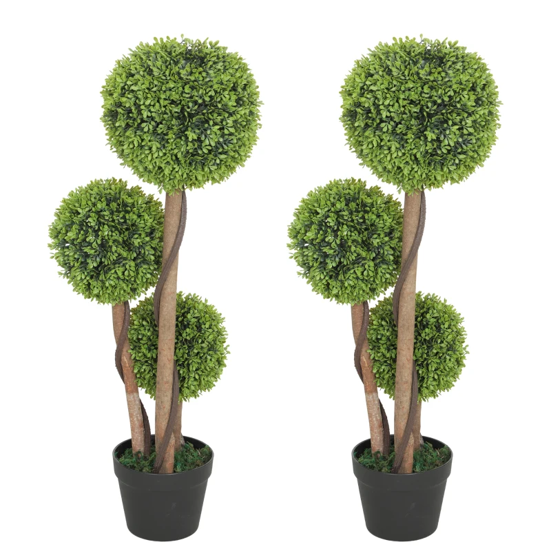 HOMCOM 35 Inch 2 Pack Potted Fake Plant, Artificial Boxwood Topiary Trees, Triple Ball Tree for Indoor and Outdoor, Light Green