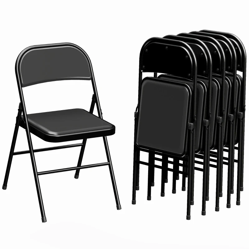 HOMCOM Set of 6 Metal Foldable Chairs, Linen Padded Folding Chairs with Cushion Seat and Open Back for Indoor, Black