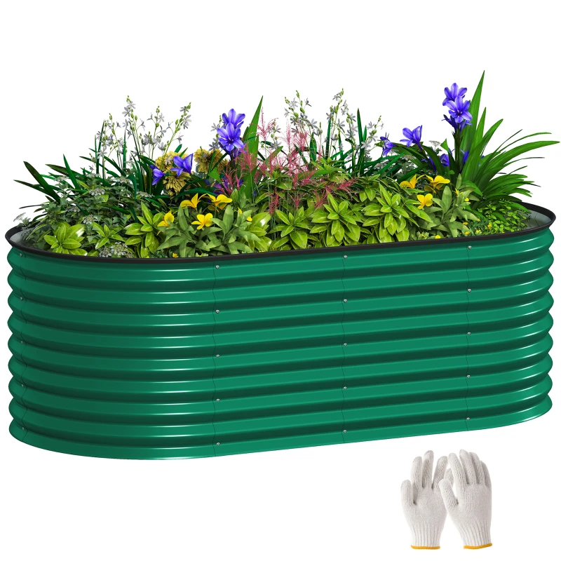 Outsunny 5 x 2.5 x 2 ft Galvanized Raised Garden Bed, Easy DIY Oval Planter Box with Safety Edging and Gloves, Dark Green