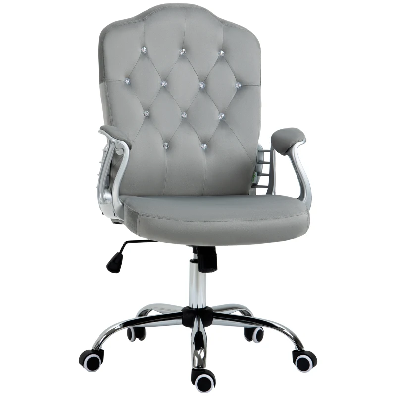 Vinsetto Office Chair, Velvet Computer Desk Chair with Swivel Wheels, Adjustable Height, Tilt Function, Button Tufted, Grey