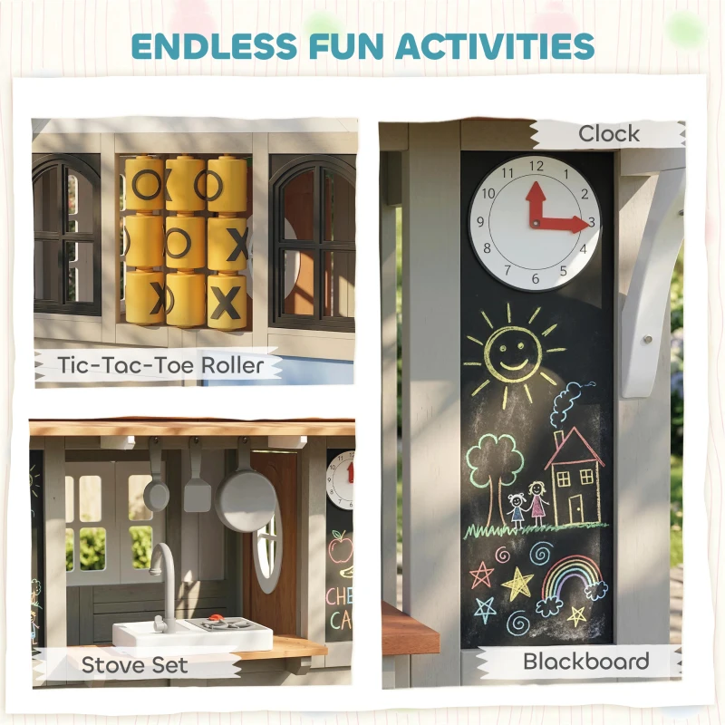 Qaba Outdoor Playhouse, Wooden Kids Playhouse with Dog Door, Cookware, Blackboard, Clock, Tic-Tac-Toe Roller for Backyard