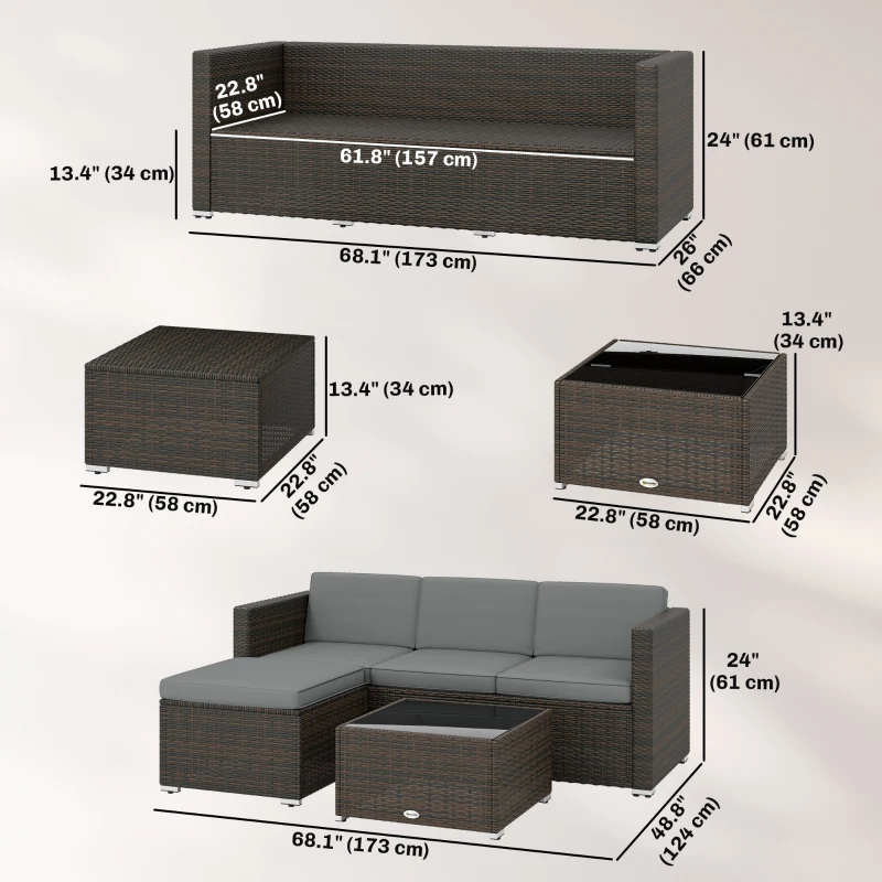 Outsunny 3 Pieces Patio Furniture Set with Cushions, Outdoor PE Rattan Wicker Conversation Corner Sofa Set with Glass Top Table