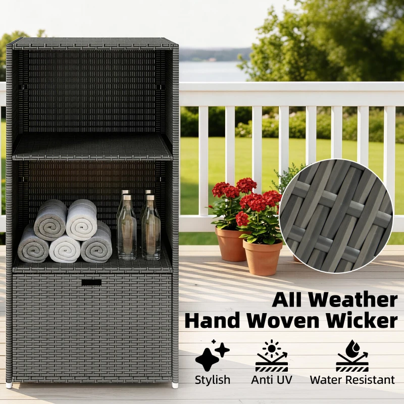 Outsunny Valet Pool Towel Rack, Water-Resistant PE Plastic Rattan Wicker Storage Organizer, 2 Shelves, 1 Basket Drawer, Dark Gray