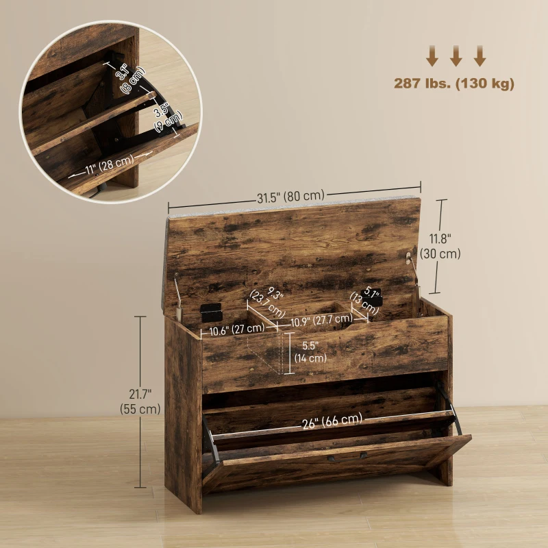 HOMCOM Shoe Storage Bench with Flip Drawer and Lift Top Storage, Entryway Bench with Seat Cushion for Hallway, Rustic Brown