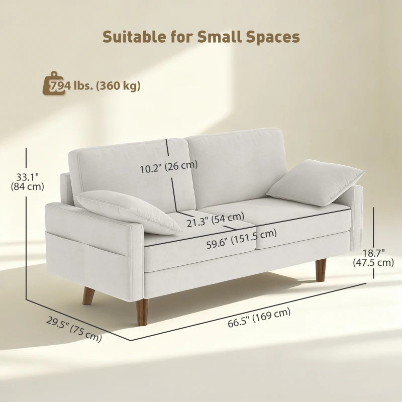 HOMCOM 3 Seater Sofa, Velvet Upholstered Couch with Spring Cushions, Rubber Wood Legs and 2 Pillows, Cream White