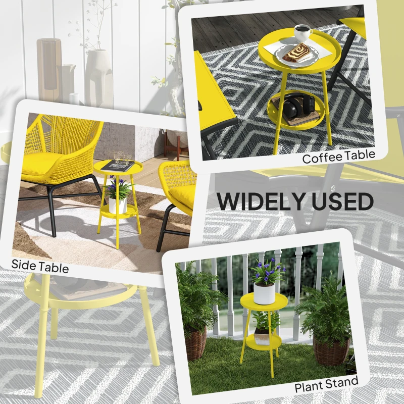Outsunny Round Garden Table, 2-Tier Small Side Table, Metal Patio Table Coffee Table Dining Table, Yellow