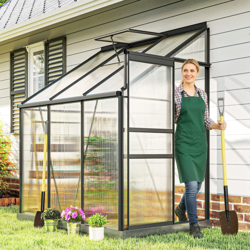Outsunny Aluminum Lean-to Greenhouse Polycarbonate Walk-in Greenhouse with Rain Gutter and Sliding Door, 6' x 4', Dark Grey