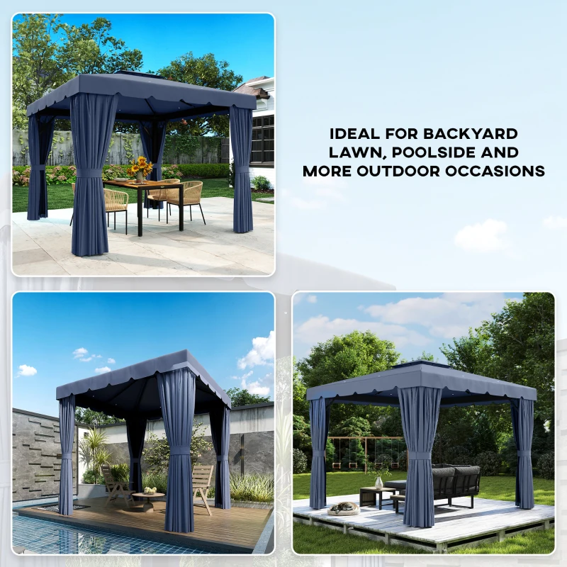 Outsunny 10' x 10' Outdoor Patio Gazebo Double Soft-top Garden Shelter Tent with Curtains, Mesh Screen Drapes, Dark Blue