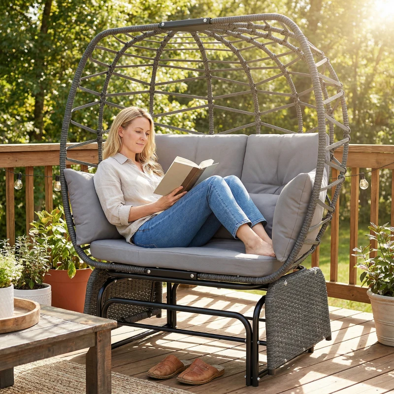 Outsunny Double Outdoor Glider Egg Chair, Outdoor Loveseat Glider with Cushions and Pillows, Dark Grey