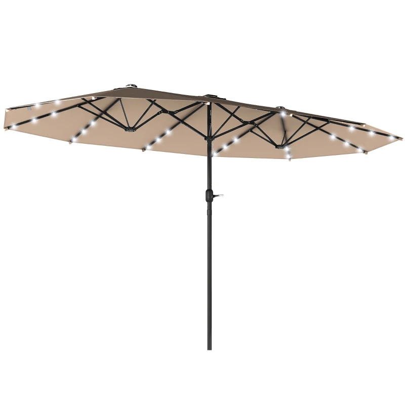 Outsunny 174" Double-Sided Sun Umbrella Garden Parasol Patio Sun Shade Outdoor with LED Solar Light, Khaki