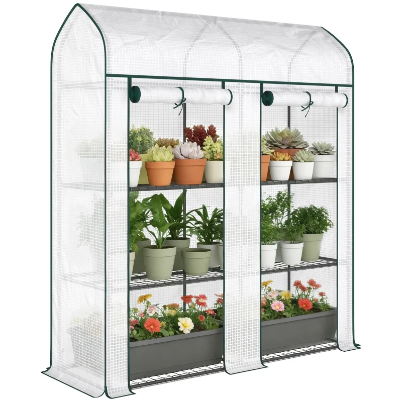 Outsunny 3 Tier Mini Greenhouse, Small Portable Greenhouse with 2 Roll-up Doors, 56.3" x 18.1" x 65", White