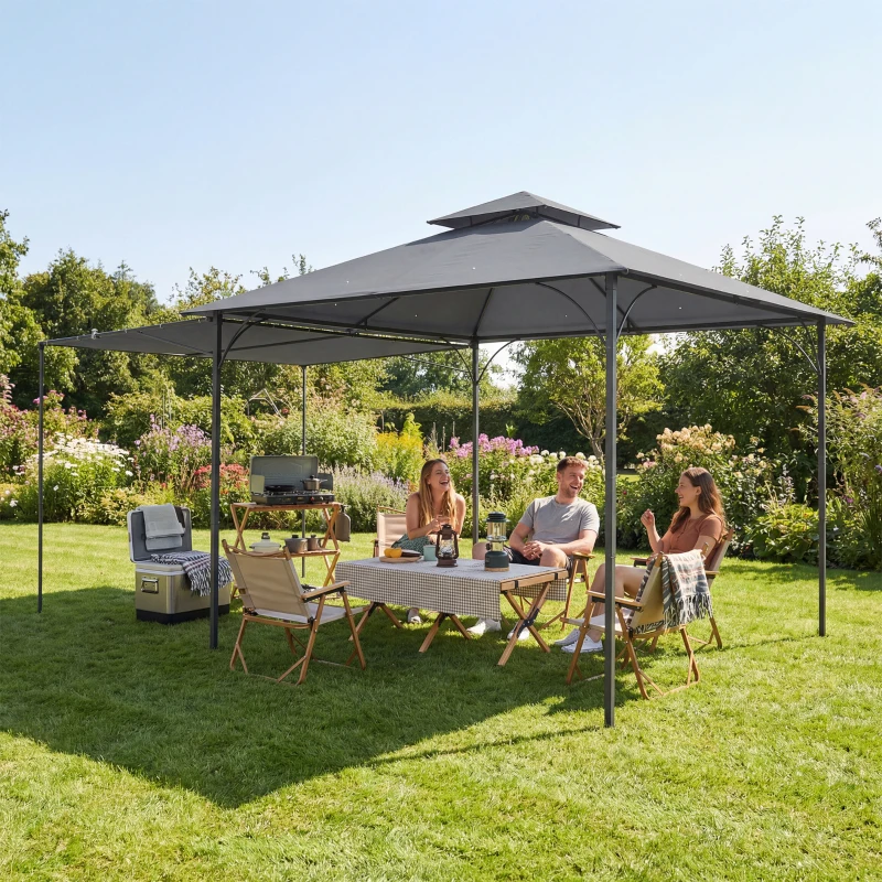 Outsunny Patio Gazebo with Double Roof Outdoor Gazebo Canopy with Extendable Shade 126" x126" Dark Grey