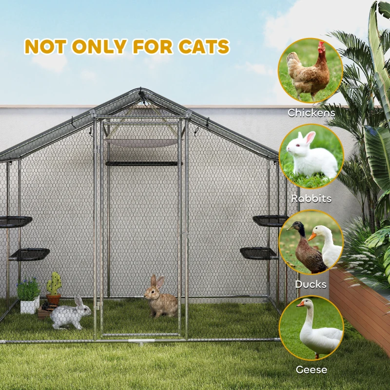 PawHut Large Catio Outdoor Cat Enclosure with Waterproof Cover, Walk-in Cat Patio w/ 5 Adjustable Platforms & Hammock 94.5" W