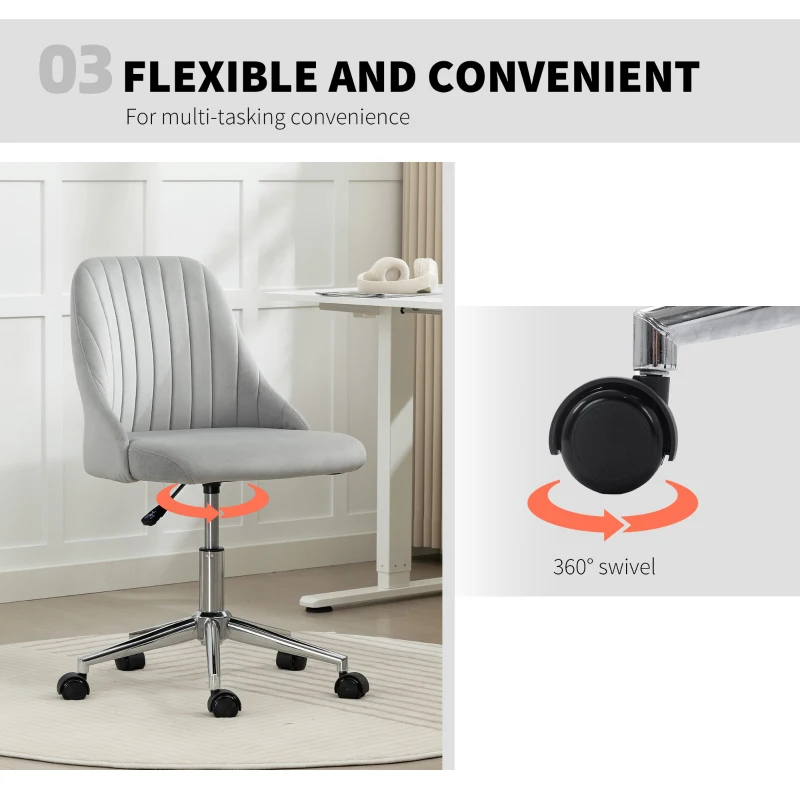 Vinsetto Vanity Chair for Makeup, Velvet Comfy Office Chair with Adjustable Height, Swivel Wheels for Bedroom, Living Room, Grey