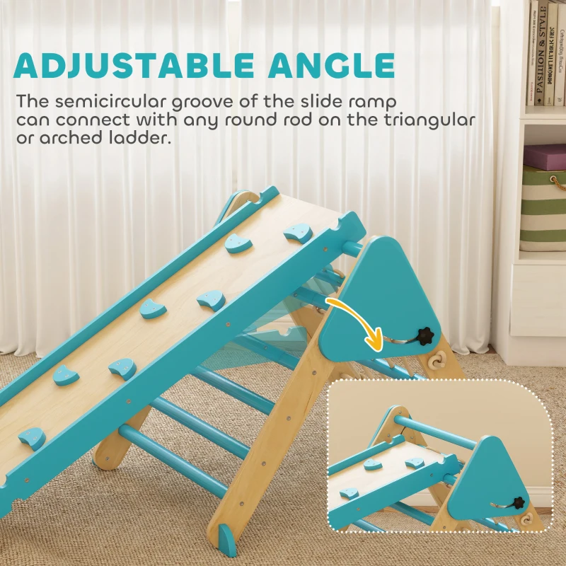 Qaba 8-in-1 Pikler Triangle Set, Foldable Wooden Climbing Toys with Arch, Ramp and Ladder for Ages 18-48 Mouths, Blue