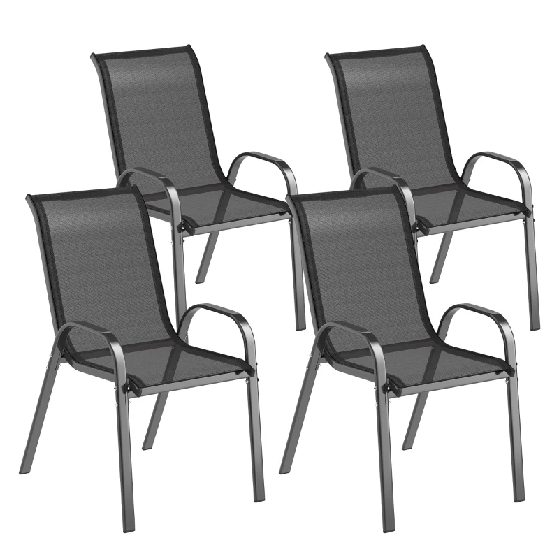 Outsunny Set of 4 Outdoor Dining Chairs, Stackable Lawn Chairs with High Back, Breathable Mesh Seat for Garden Porch, Black