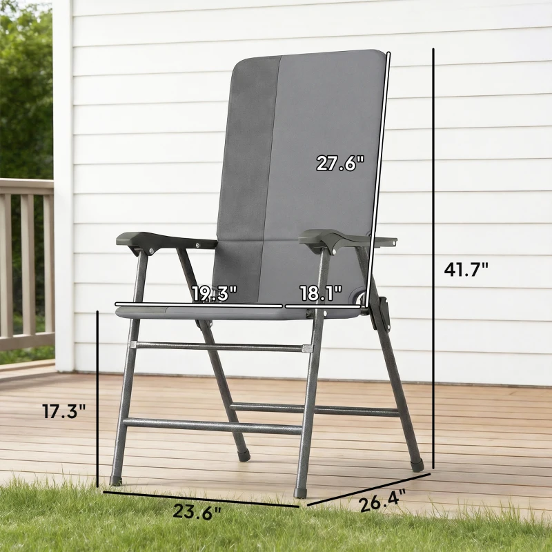 Outsunny Folding Patio Chairs Set of 2, Padded High Back Lawn Camping Chairs with Armrests, 600D Oxford Fabric, Light Gray