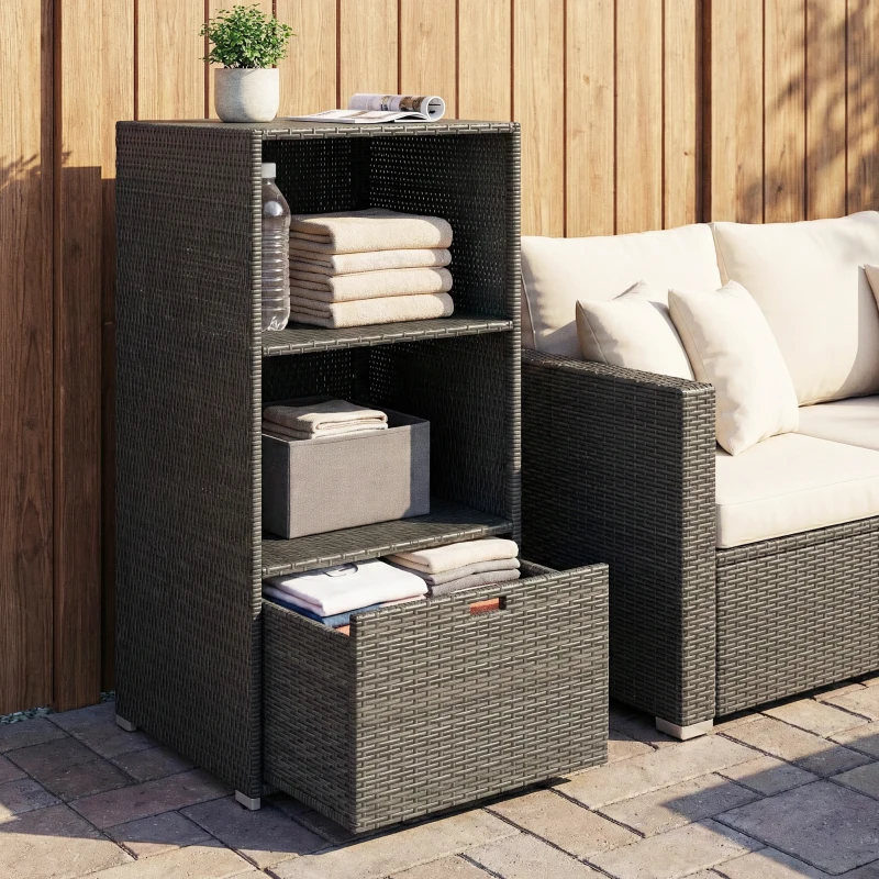 Outsunny Valet Pool Towel Rack, Water-Resistant PE Plastic Rattan Wicker Storage Organizer, 2 Shelves, 1 Basket Drawer, Dark Gray