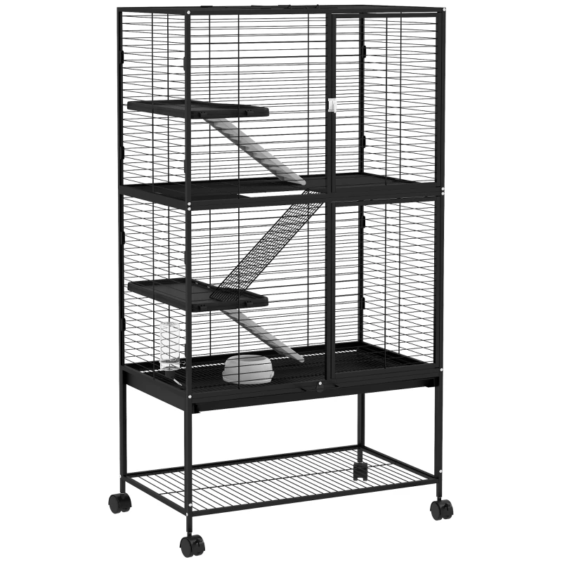 PawHut Rolling Small Animal Cage 54"H Chinchilla Cage for Ferrets, Squirrels w/ Removable Tray, Storage Shelf, Black