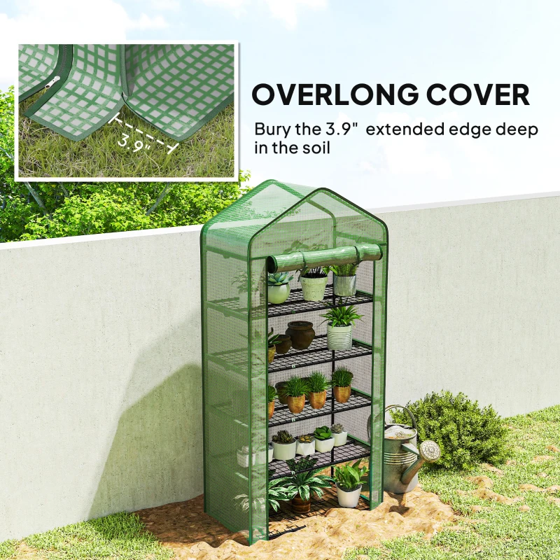 Outsunny 5 Tier Mini Greenhouse, Small Portable Greenhouse with PE Cover, Roll-Up Zippered Door, 76" x 35.4" x 19.3", Green