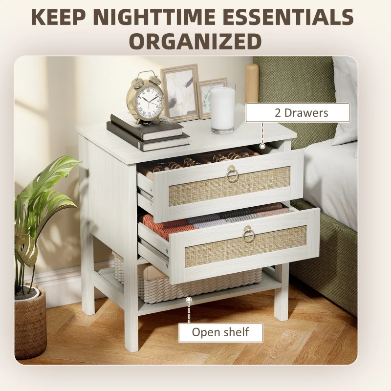 HOMCOM Set of 2 Boho Bedside Tables, Rattan Nightstands with 2 Drawers, Storage Shelf, End Side Tables for Bedroom, White Oak