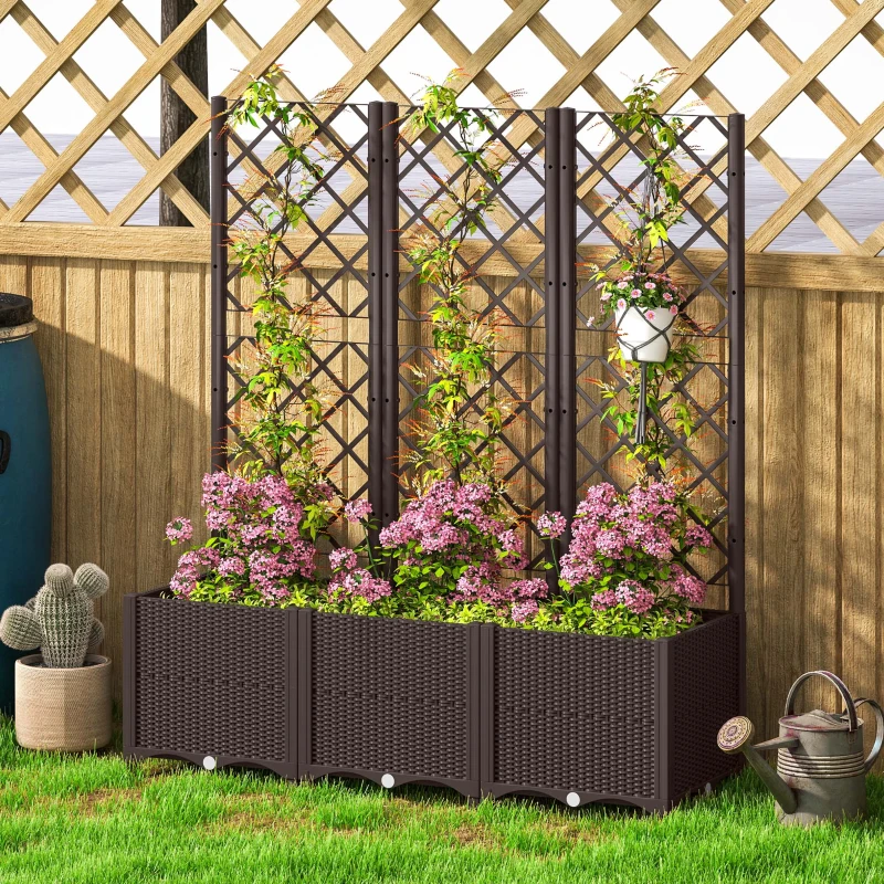 Outsunny Raised Garden Bed with Trellis, Plastic Raised Flower Bed with Drainage Holes and Drain Plugs