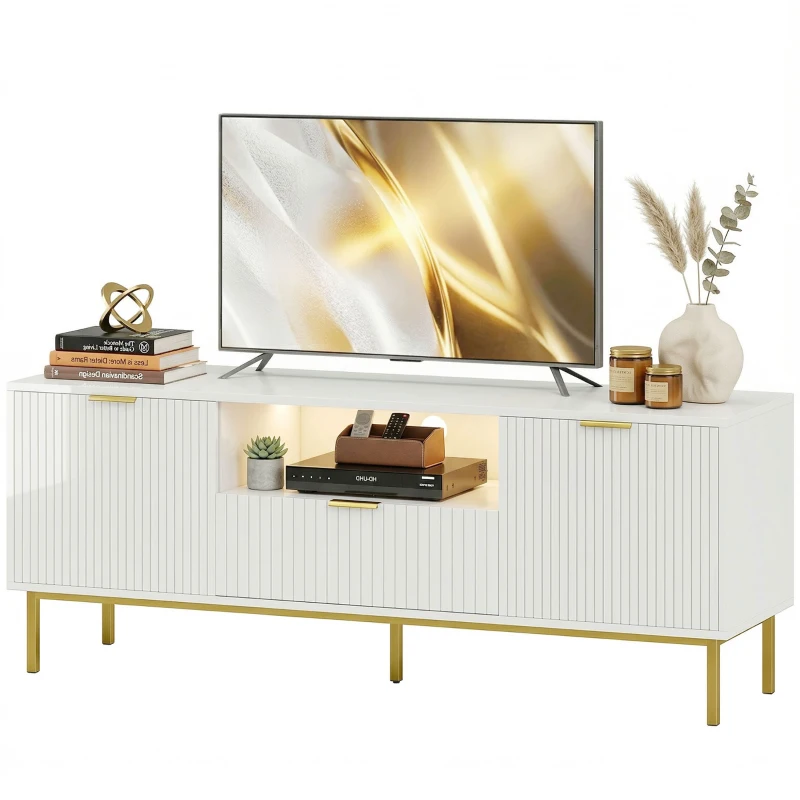 HOMCOM Modern TV Console for TVs up to 60 Inch, Entertainment Center with Smart RGB LED Lights and Soft Close Doors, White