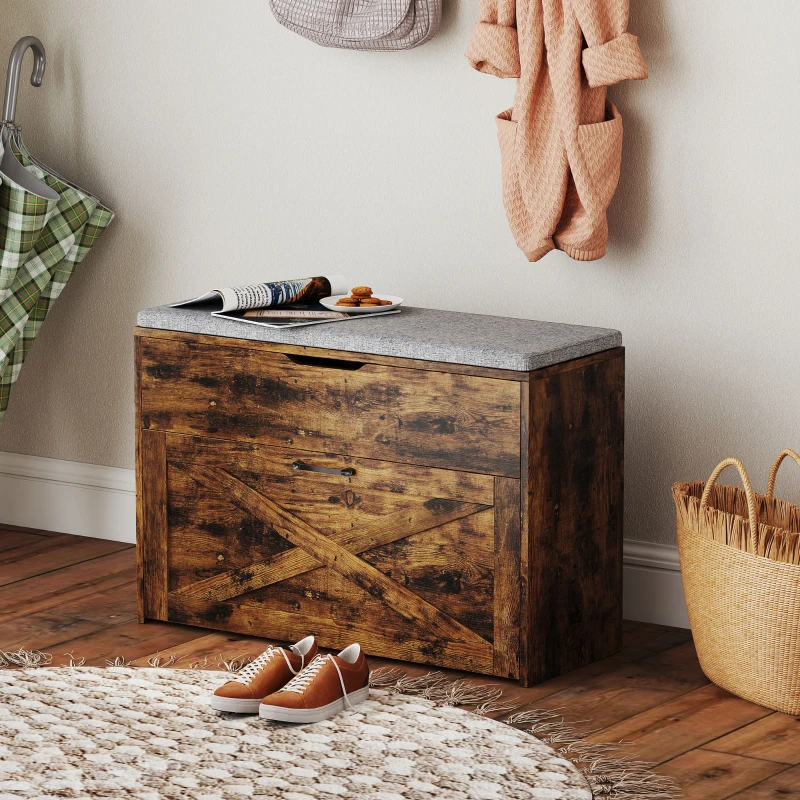 HOMCOM Shoe Storage Bench with Flip Drawer and Lift Top Storage, Entryway Bench with Seat Cushion for Hallway, Rustic Brown