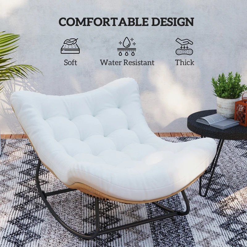 Outsunny Oversized Rattan Patio Egg Chair, Outdoor Rocking Chair with Padded Cushion for Indoor, Porch, Cream White