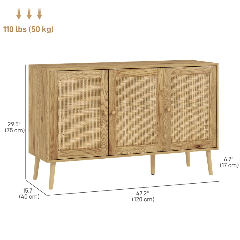 HOMCOM Bohemian Sideboard with Rattan Doors & Adjustable Shelf, Natural Wood Finish