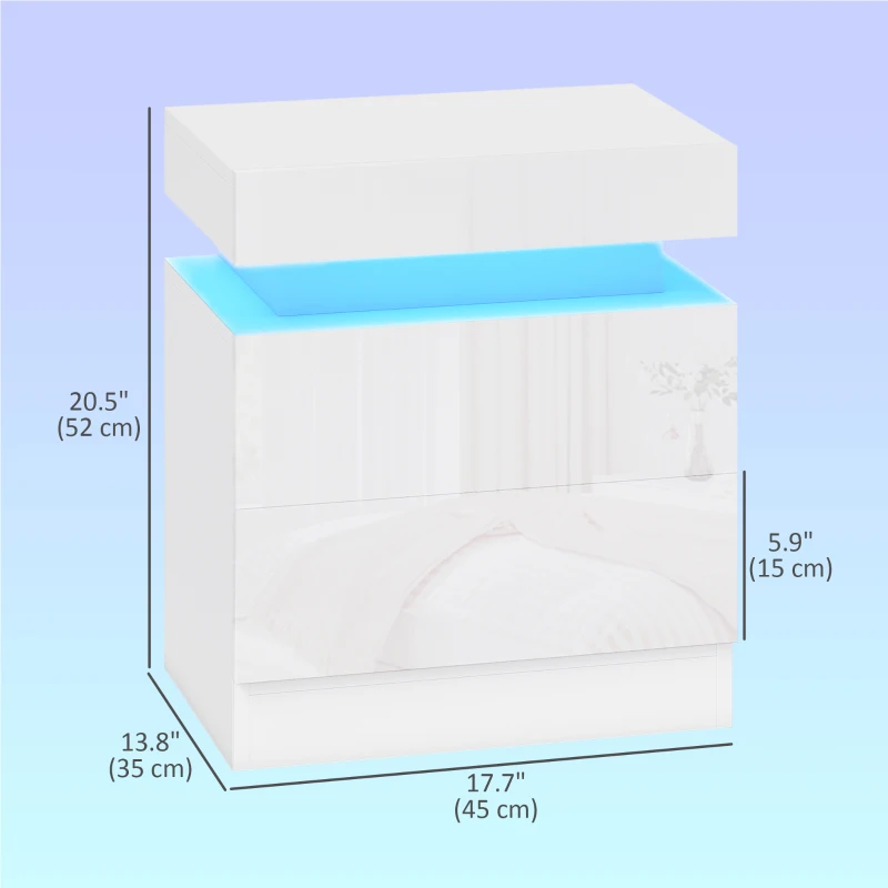 HOMCOM Nightstand Set of 2, End Side Tables with LED Lights, Bedside Tables with 2 Drawers, for Bedroom, White