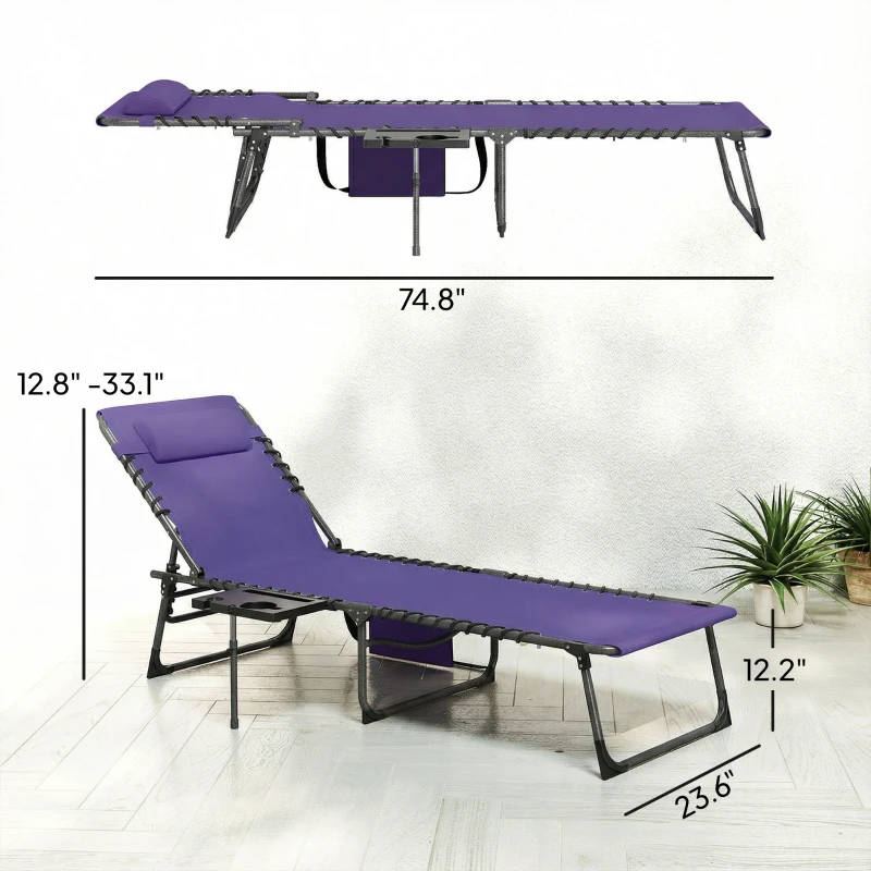 Outsunny Folding Outdoor Chaise Lounge Chair Tanning Chair with 5-Level Adjustable Back, Side Table, Pillow, Pocket, Purple