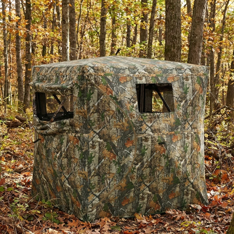 Outsunny Hunting Blind for 2 Person, See Through Pop Up Blind with 270-Degree View, Windows for Deer Hunting, Camouflage
