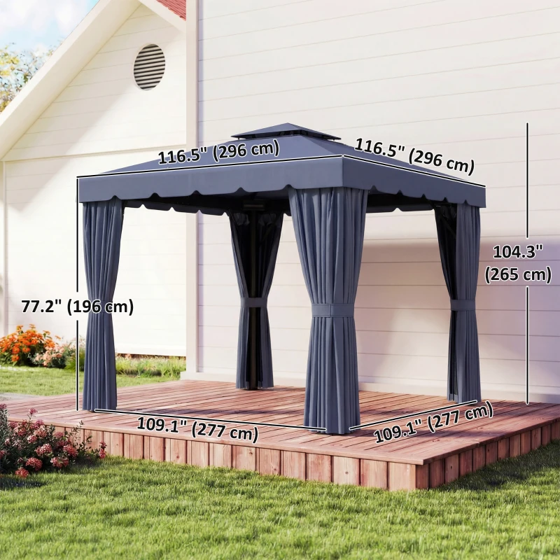 Outsunny 10' x 10' Outdoor Patio Gazebo Double Soft-top Garden Shelter Tent with Curtains, Mesh Screen Drapes, Dark Blue