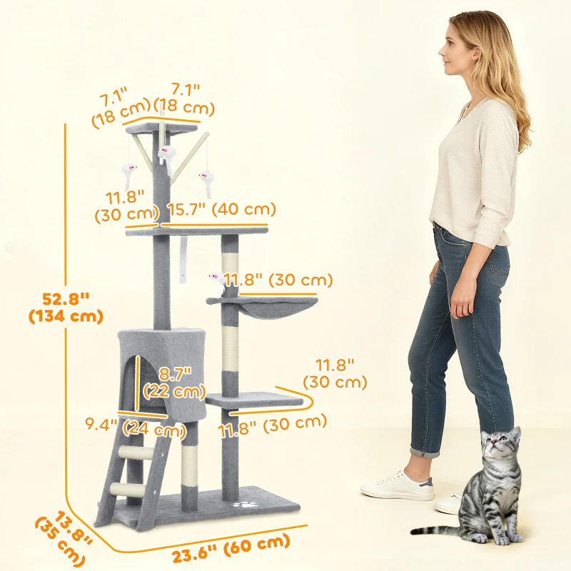 PawHut 53" Cat Tree Tower, Kitten Activity Centre with Scratching Posts, Condo, Perches, Ladder, Hammock, Dangling Toys, Grey