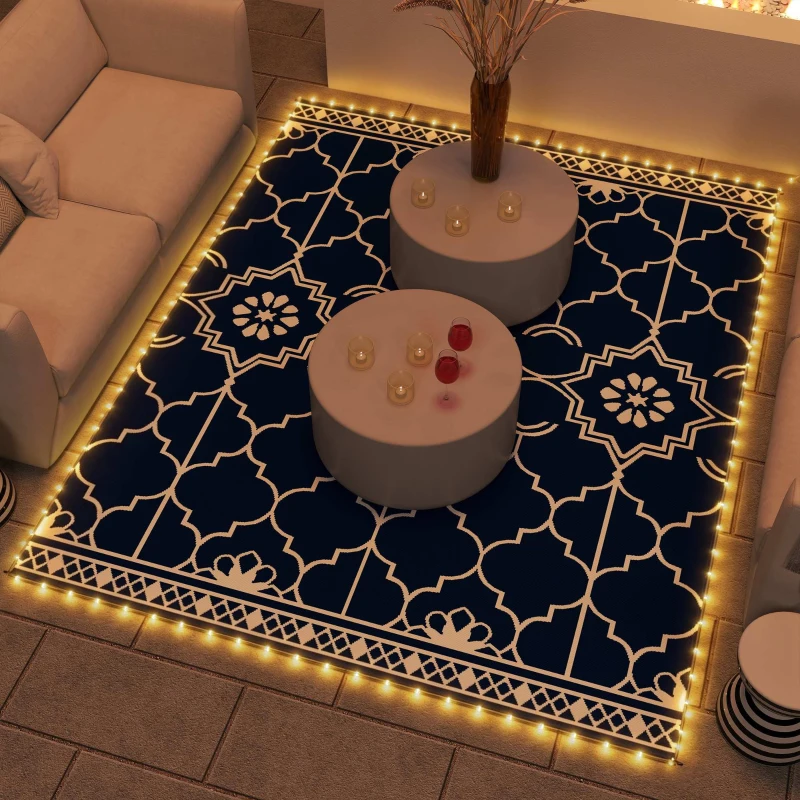 Outsunny Reversible Outdoor Rug Carpet with LED Lights, 10' x 8' PP Straw Rug with Carry Bag and Ground Stakes