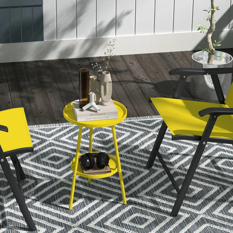 Outsunny Round Garden Table, 2-Tier Small Side Table, Metal Patio Table Coffee Table Dining Table, Yellow
