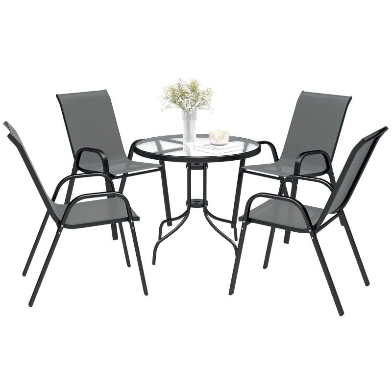 Outsunny Five-Piece Steel Patio Set, with Glass-Top Table - Dark Grey
