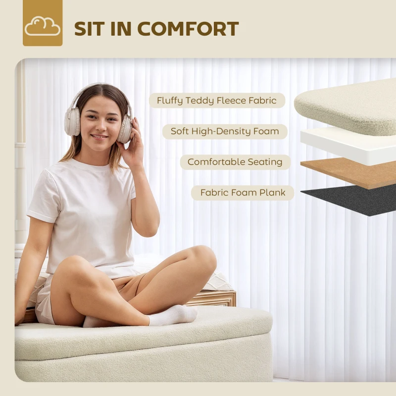 HOMCOM 47 Inches Storage Ottoman Bench, End of Bed Bench, Upholstered Teddy Fleece Storage Chest for Living Room, Beige