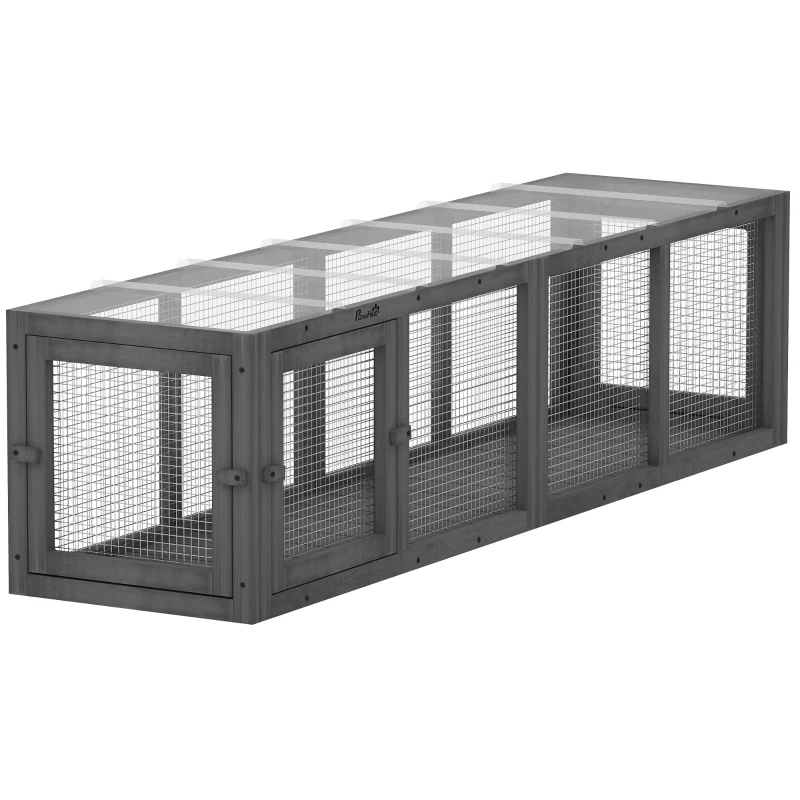PawHut Outdoor Cat Tunnel, Wooden Play Cat Enclosure, Extendable Pet Run with 3 Doors, for Indoor and Outdoor Use, Grey